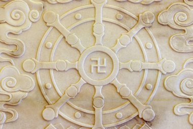 Şu Quan Am Pagoda 'yı yok et. Dharma çarkı. Budizm 'in sembolü. Dalat. Vietnam. 