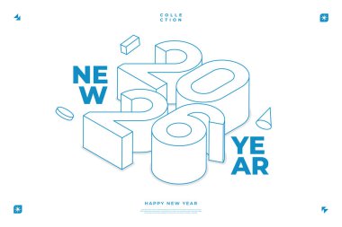 Isometric 2024 Yeni Yıl Tasarımı. Beyaz zemin üzerinde mavi metin ve beyaz 3D sayılar yer alıyor.