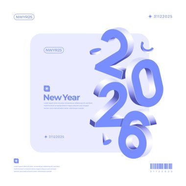 Yeni yıl temalı basit geometrik şekilli beyaz bir arkaplan karşısında '2026' sayısının 3 boyutlu bir illüstrasyonu