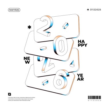 2026 'nın Isometric illüstrasyonu, mavi ve turuncu aksanlı beyaz arka planda Yeni Yıl kutlamaları için mükemmel.