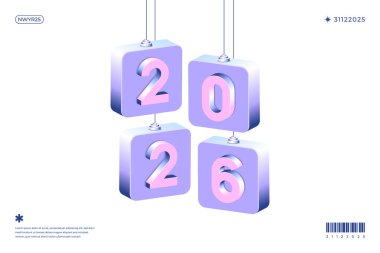 Beyaz bir zemin üzerinde asılı 2026 numaralı Isometric küpleri Yeni Yıl kutlamaları için mükemmel