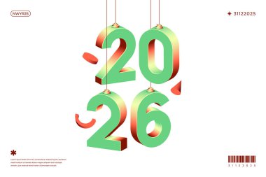 2026 numaralı yeşil ve kırmızı asma numaralarının 3 boyutlu çizimi Yeni Yıl kutlamaları için mükemmel