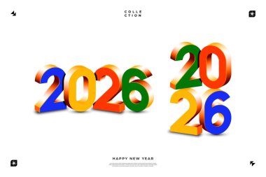 2026 yılının canlı 3D canlandırması beyaz bir arkaplan karşısında çok renkli numaralar Mutlu Yıllar metnini içerir