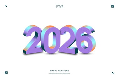 Beyaz arkaplanda mor ve turuncu renkli bir gradyan ile 2026 yılbaşı sayısı oluşturuldu.