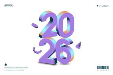 Takvimler ve yeni yıl tasarımları için uygun beyaz bir arkaplan karşısında '2026' mor numaralarının Isometric 3D yorumlaması