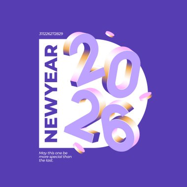 Isometric 2026 Yeni Yıl tasarımı mor arkaplan üzerinde mor sayılar modern ve şenlikli grafik
