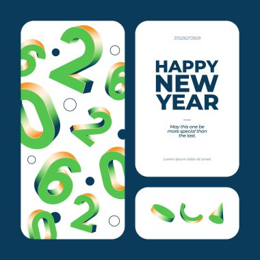 Beyaz arka planda üç boyutlu yeşil ve turuncu sayılardan oluşan bir yeni yıl tebrik kartı tasarımı ek tasarım unsurları içerir