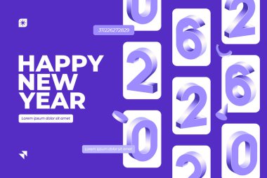 Mor arkaplandaki Isometric mor sayılar 0 2 ve 6 Mutlu Yıllar metni dijital tasarımlar için mükemmeldir