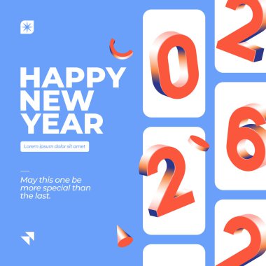 Mavi zemin üzerinde 3D numaralar bulunan mutlu bir yeni yıl 2026 tebrik kartı Modern ve şenlikli tasarım