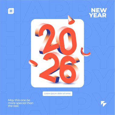 Canlı bir 2026 Yeni Yıl tasarımı. Mavi zemin üzerinde 3D kırmızı sayılar var. Dijital ve yazdırma kullanımı için mükemmel.