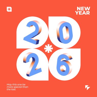 2026 yılını turuncu bir arkaplana karşı izometrik mavi sayılarla gösteren modern bir grafik tasarımı