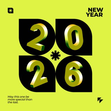 2026 Yeni Yıl grafik tasarımı. Siyah ve yeşil arka planda altın 3D rakamlar. Modern ve minimalist tarzda.