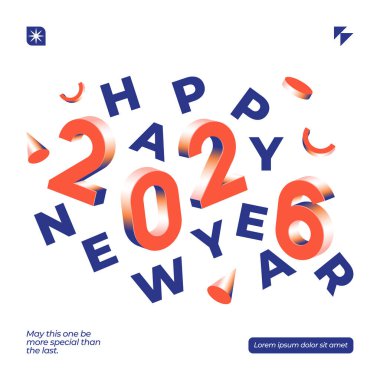 Canlı bir 2026 Yeni Yıl Tasarımı. Kutlamalar için ideal beyaz arka plan üzerinde 3D metin ve geometrik şekiller içeriyor.