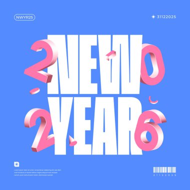 Canlı bir Yeni Yıl grafiği. 3 boyutlu pembe ve beyaz sayılar '2026' ile modern ve şık bir tasarıma karşı.