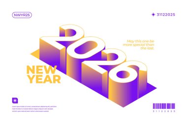 2026 yılının beyaz, mor ve sarı gradyan tasarımını sunuyoruz. Yeni yıl kutlamaları için mükemmel.