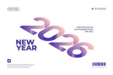 2026 yılını içeren modern bir tasarım. Mor ve pembe renkler ile beyaz bir arkaplan. Yeni yıl kutlamaları için mükemmel.