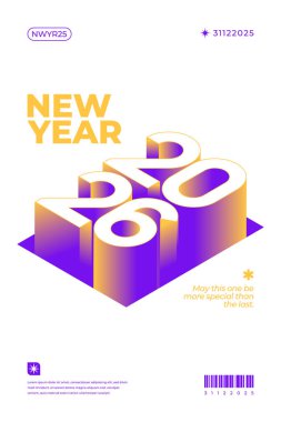 2026 yılının Isometric 3D tasarımı mor ve sarı gradyan Yeni Yıl tasarımı