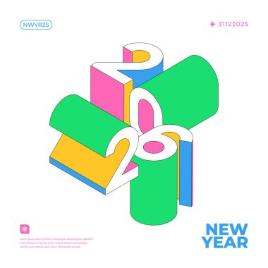 Isometric 2026 Yeni Yıl Tasarımı. Beyaz bir zemin üzerinde canlı renkli numaralar var. Bayram kartları ve afişler için mükemmel.