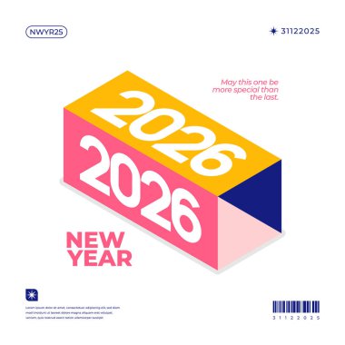 2026 yılını gösteren Isometric tasarım pembe sarı ve mavi bloklar beyaz sayılar ve basit metinler