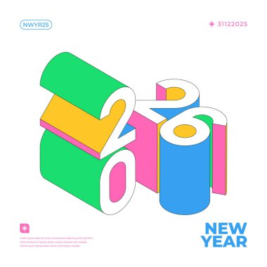 Yeni yıl kutlamaları için 2026 'yı temsil eden renkli izometrik üç boyutlu sayılar tatil tasarımları için mükemmel.