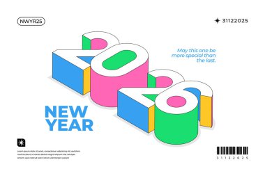 Renkli izometrik 2026 Yeni Yıl Tasarımı bayram kutlamaları ve şenlik özgeçmişi için ideal