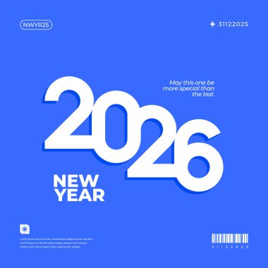 Minimalist bir Yeni Yıl karşılama tasarımı. Büyük beyaz 2026 basamaklı, canlı mavi bir arkaplan.