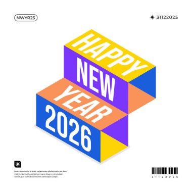 Isometric Mutlu yıllar 2026 parlak renkli tasarım Kartlar ve şenlik tasarımları için mükemmel