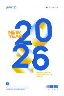 Koyu 3D mavi ve sarı 2026 Yeni Yıl tasarımı kart ve davetiyeler için ideal beyaz zemin üzerinde