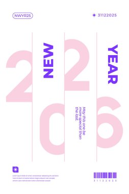 Yeni Yıl için minimalist tipografik tasarım. Pembe ve mor renkler kartlar ve posterler için idealdir.