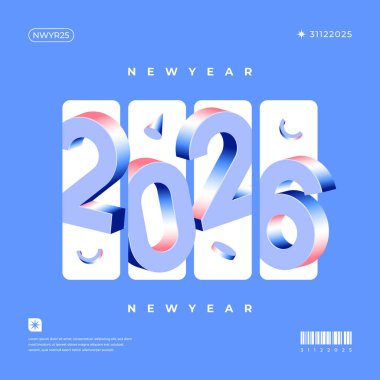 Isometric 2026 Yeni Yıl Tasarımı Mavi ve pembe sayılar mavi zemin üzerinde Kutlamalar için modern grafik