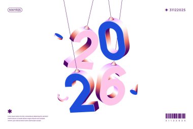 Pembe ve mavi 3D sayılar 2026 Beyaz arka plan dizaynına karşı asılıyor