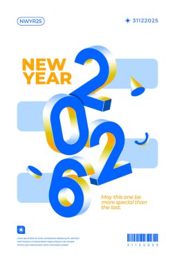 Beyaz arka planda 3D mavi ve sarı sayılar içeren canlı bir Yeni Yıl tasarımı.