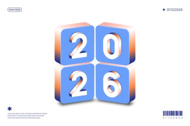 2026 yılının Isometric 3D tasarımı. Mavi ve şeftali blokları. Yeni yıl kutlamaları ve takvimleri için mükemmel.