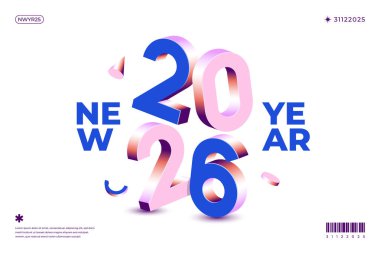 Cesur 3D pembe ve mavi '2026 Yeni Yıl tasarımı beyaz arkaplan şenlikli selamlar için idealdir