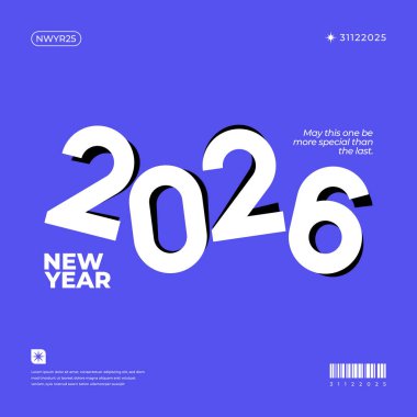 Canlı mor bir zemin üzerinde beyaz üç boyutlu numaralar içeren şık bir 2026 Yeni Yıl tasarımı Kartlar ve davetiyeler için mükemmel