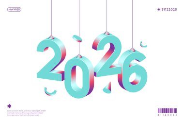 3D turkuaz 2026 Yeni Yıl numaraları beyaz arka planda asılı basit ve modern tasarım