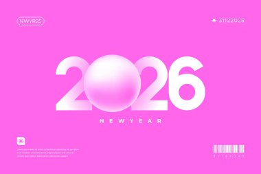 2026 Yeni Yıl grafik tasarımı Pembe arka plan beyaz sayılar ve küre minimalist tarzı