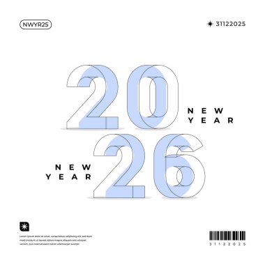Minimalist 2026 Yeni Yıl Tasarımı. Beyaz zemin üzerinde açık mavi sayılar var. Kart davetleri ve dijital içerik için mükemmel.