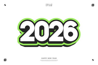 Beyaz zemin üzerinde canlı yeşil bir hatla kalın beyaz 2026 rakamları Yeni Yıl tebrikleri için mükemmel
