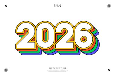 Renkli katmanlı 2026 Mutlu Yıllar metin tasarımı kart afişleri ve daha fazlası için idealdir