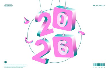 Pembe ve gök mavisi 2026 rakamlarının yer aldığı soyut 3D grafik beyaz bir arkaplanda dizgilerden sarkıyor