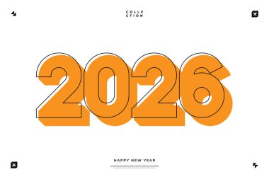 2026 yılının koyu turuncu renginde modern minimalist tasarımı, Yeni Yıl kutlamaları için ideal beyaz bir arkaplan.