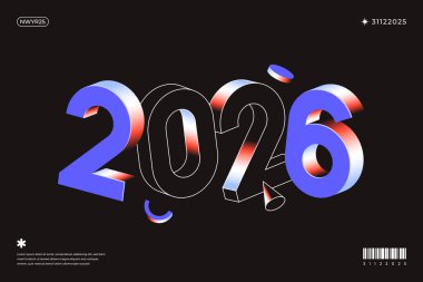 3B izometrik numaralar '2026' siyah bir arkaplanda gösteriliyor. Yeni yıl kutlamaları için modern bir tasarım.