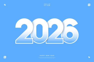 Açık mavi arka planda 2026 yılını gösteren basit bir modern tasarım Yeni Yıl tebrikleri için mükemmel.