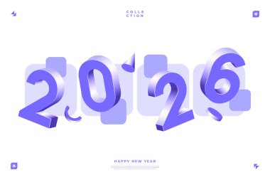 Geometrik şekilli beyaz arkaplanda gösterilen 3D mor sayılar 2026 yılbaşı kutlamaları için idealdir.