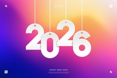 Canlı bir gradyan arka planda, yeni yılı simgeleyen '2026' şeklinde sarkık beyaz rakamlar yer alıyor. Modern ve şenlikli bir tasarım.