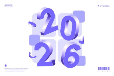 Geometrik şekilli beyaz arkaplan üzerinde mor 3D numaralar 2026 Yeni Yıl tasarımı