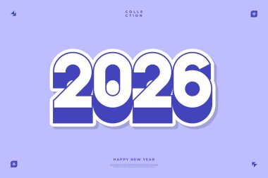 Biçimlendirilmiş 2026 Yeni Yıl grafik tasarımı Mor ve beyaz renk şeması Minimalist ve modern
