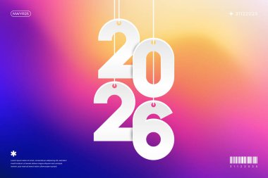 Yeni yılı kutlamak için '2026' rakamlarını asan canlı bir gradyan arkaplan özelliği