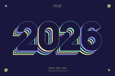 Kart afişleri ve sosyal medya için ideal koyu arkaplan üzerinde katmanlı pastel renkli sayılar içeren 2026 yılbaşı tasarımı
